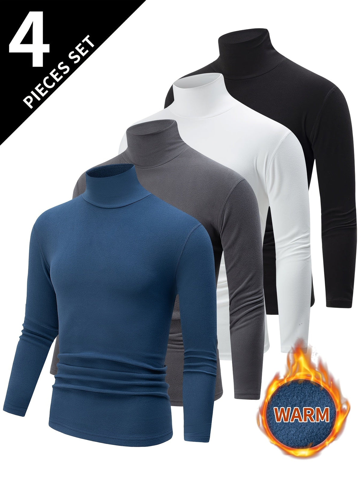 Herren Rollkragenpullover Langarmshirt Slim Fit 4er-Set Schwarz Weiß Grau Blau