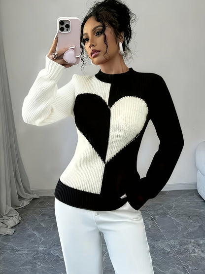 Damen Strickpullover Herz-Muster Rundhals Rippstrick Langarm