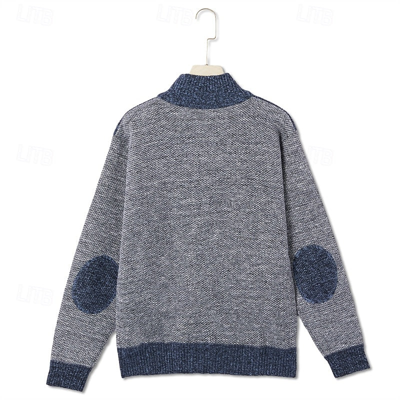 Herren Strickjacke Reißverschluss Stehkragen Patchwork Muster