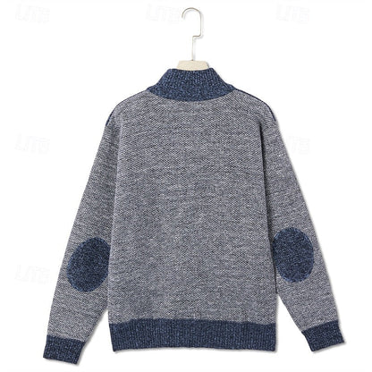 Herren Strickjacke Reißverschluss Stehkragen Patchwork Muster