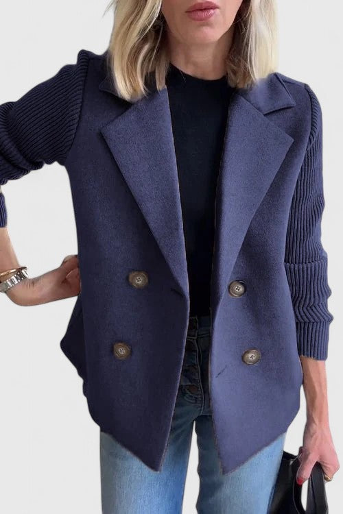 Damen Kurzmantel / Blazer mit Rippstrickärmeln und Reverskragen Zweireihig
