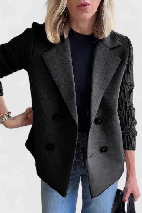 Damen Kurzmantel / Blazer mit Rippstrickärmeln und Reverskragen Zweireihig