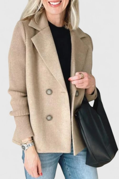 Damen Kurzmantel / Blazer mit Rippstrickärmeln und Reverskragen Zweireihig