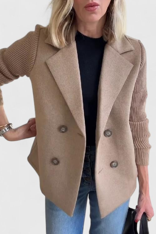 Damen Kurzmantel / Blazer mit Rippstrickärmeln und Reverskragen Zweireihig