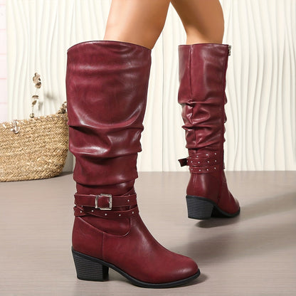 Schwarze Damen Kniehohe Stiefel mit Schnalle & Nieten, Blockabsatz