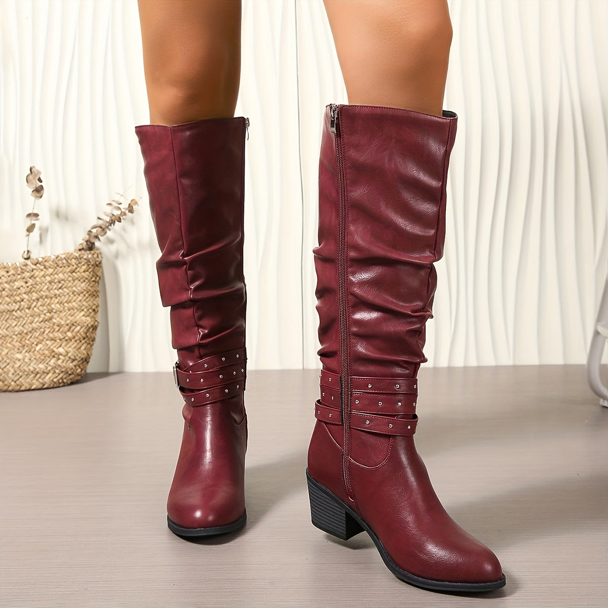 Schwarze Damen Kniehohe Stiefel mit Schnalle & Nieten, Blockabsatz
