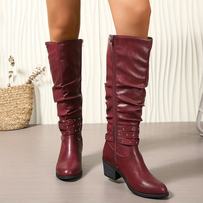 Schwarze Damen Kniehohe Stiefel mit Schnalle & Nieten, Blockabsatz