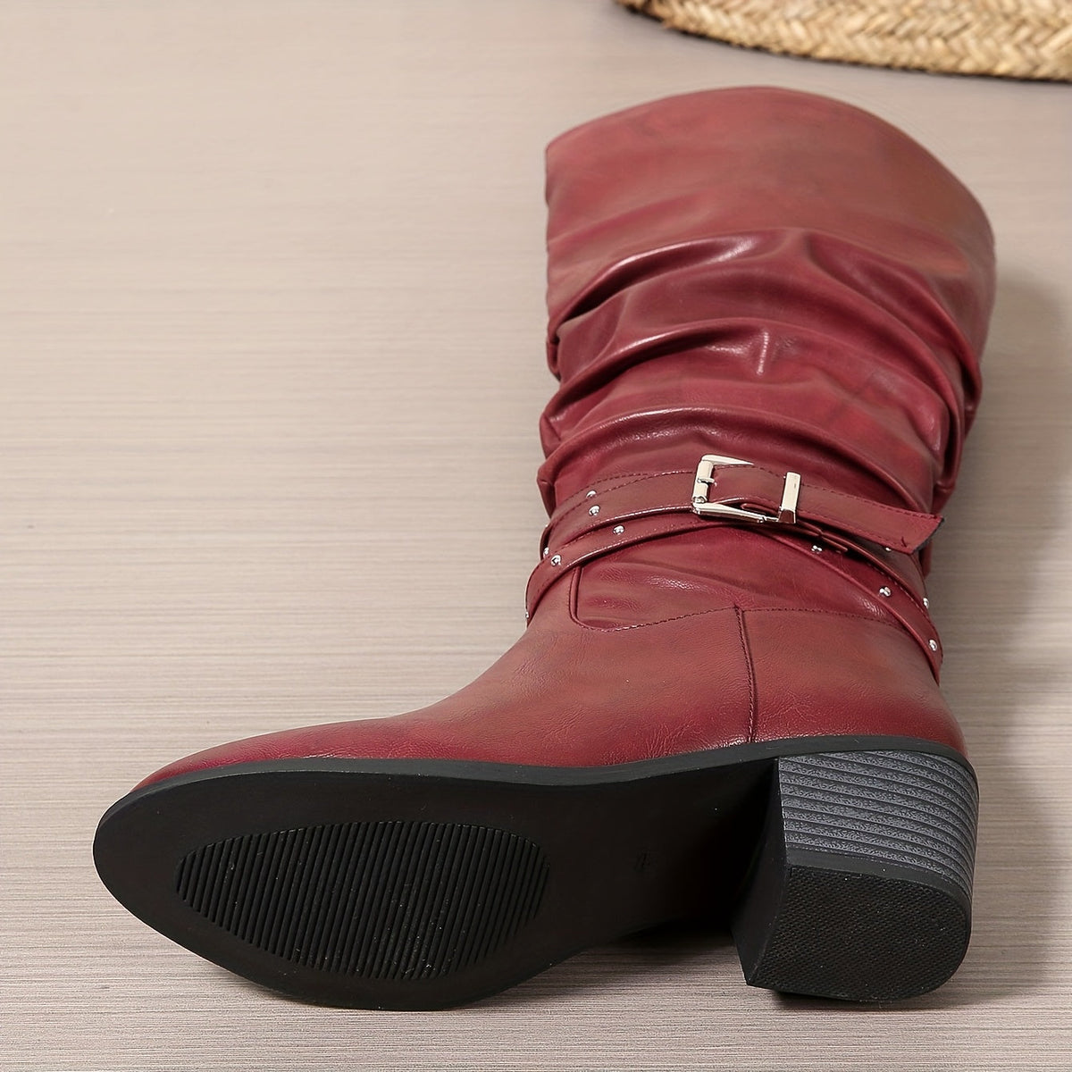 Schwarze Damen Kniehohe Stiefel mit Schnalle & Nieten, Blockabsatz