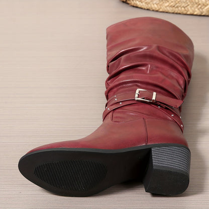 Schwarze Damen Kniehohe Stiefel mit Schnalle & Nieten, Blockabsatz
