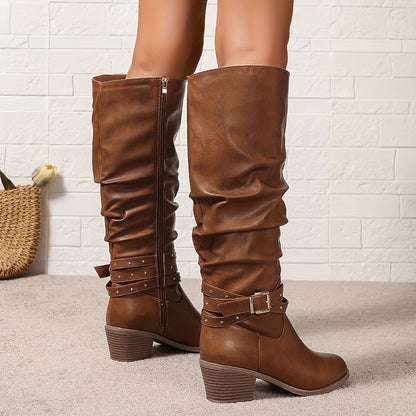 Schwarze Damen Kniehohe Stiefel mit Schnalle & Nieten, Blockabsatz