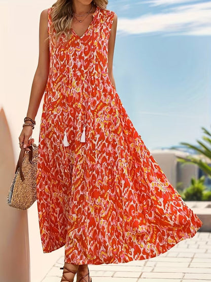 Damen Sommerkleid Elegant Boho Style Ärmellos Midi Freizeitkleid mit Kordel und Quasten