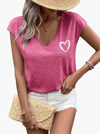 Damen T-Shirt mit Herz-Print und V-Ausschnitt – Lässige Sommermode, ideal für Alltag und Freizeit