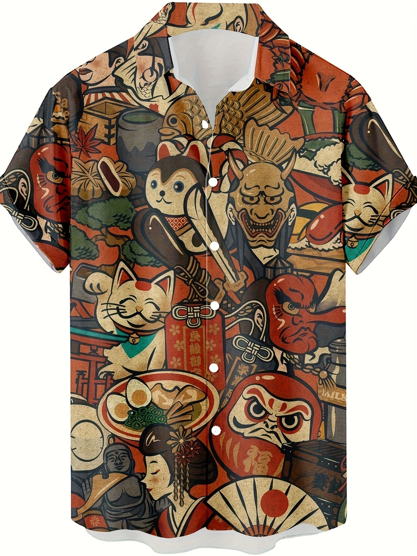 Herren Kurzarmhemd mit japanischem Grafikmuster – Streetwear Kunst Hemd