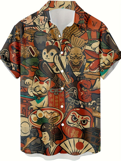 Herren Kurzarmhemd mit japanischem Grafikmuster – Streetwear Kunst Hemd