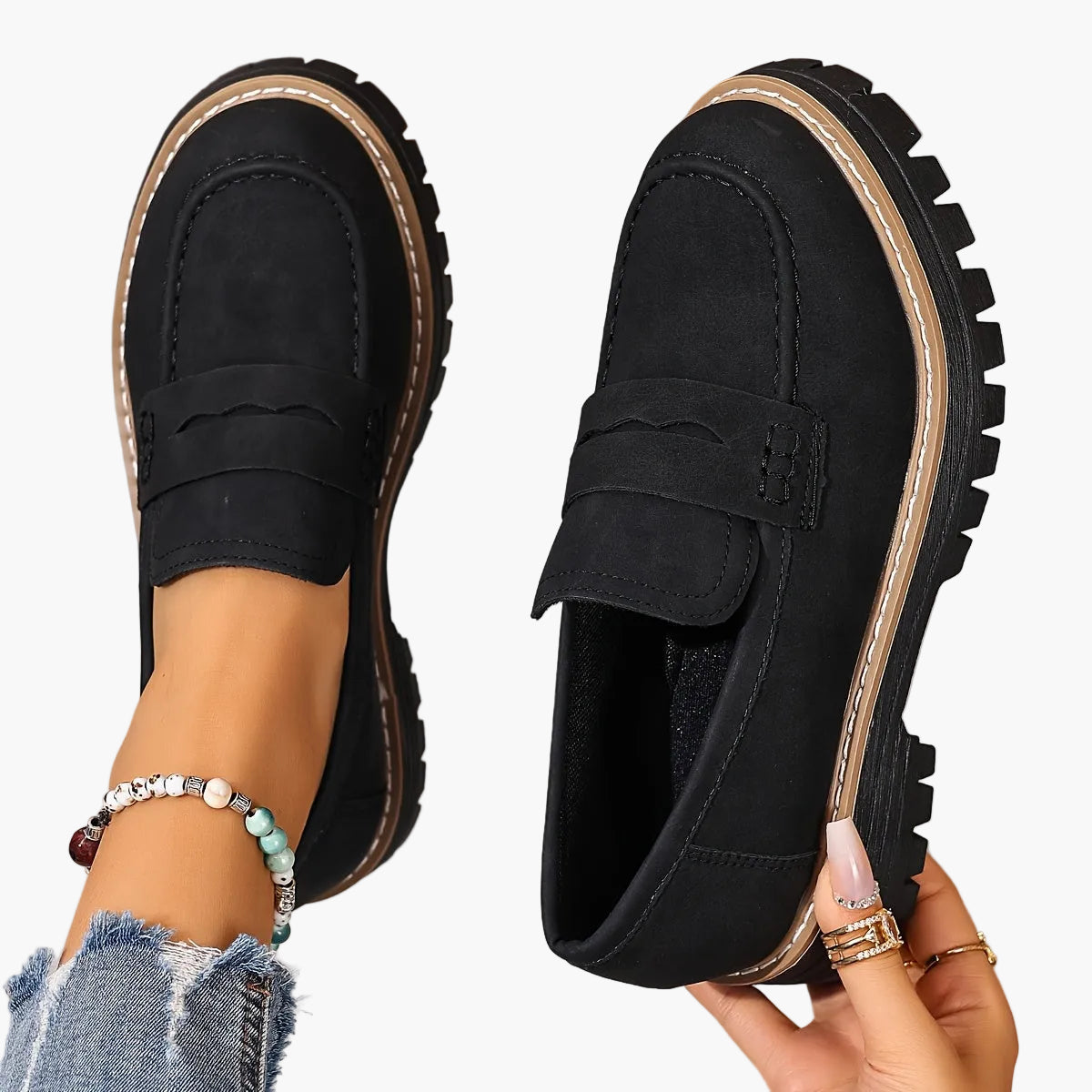 Damen Loafer im klassischen Stil mit Profilsohle – Bequeme Alltags-Slipper für Freizeit und Büro