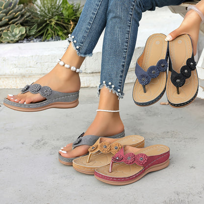 Damen Casual Zehentrenner Sandalen mit Blumenapplikation – Bequeme Sommerschuhe für Freizeit und Alltag