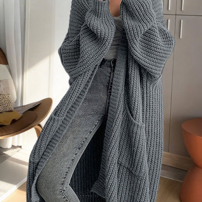 Damen Oversize Strick-Cardigan Lang Offene Front mit Taschen – Lässiger Streetstyle