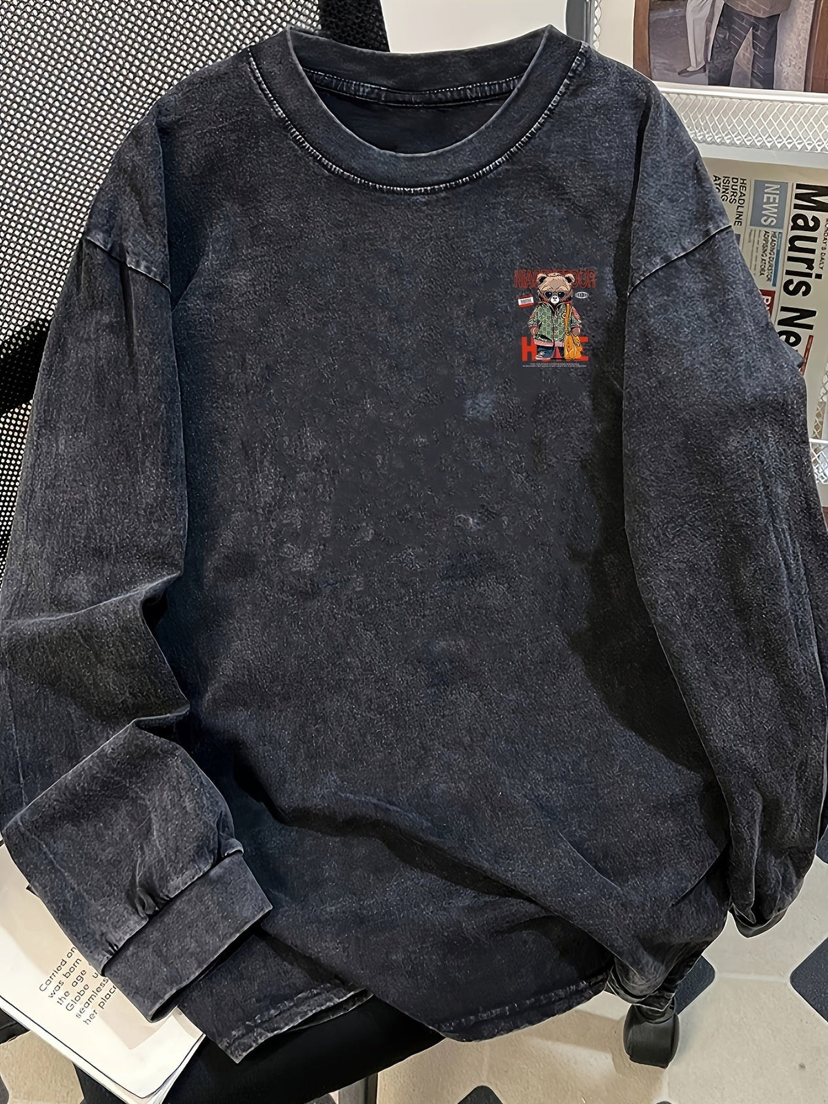 Damen Sweatshirt mit Bären-Print Oversized Langarm Vintage Schwarz