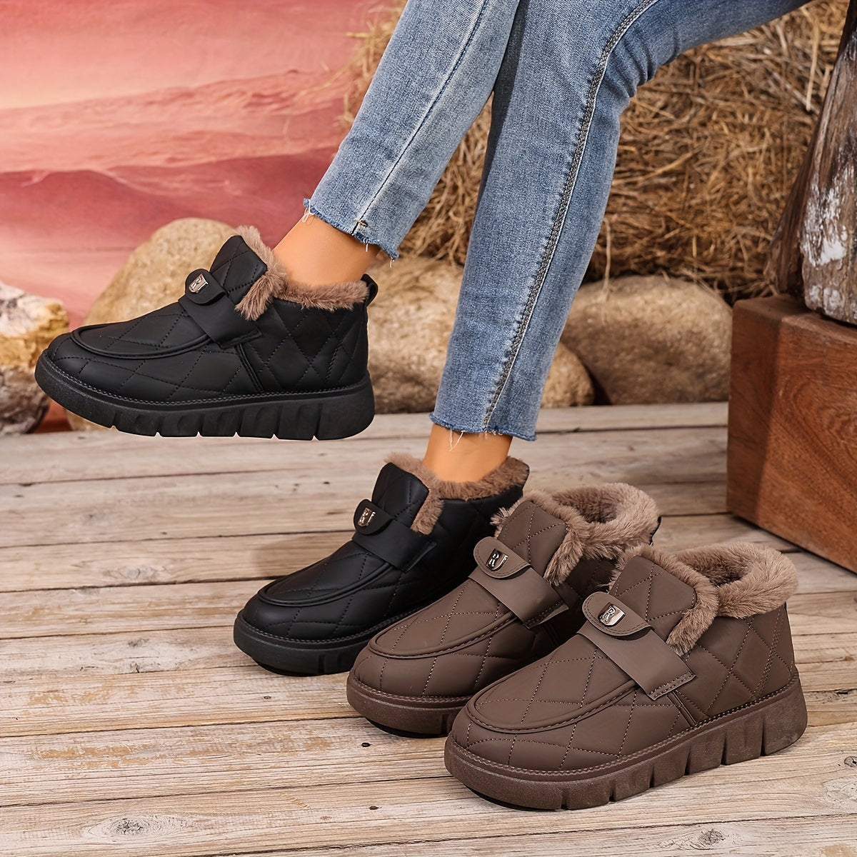 Damen Winterstiefeletten Schwarz Gesteppt mit Plüschfutter