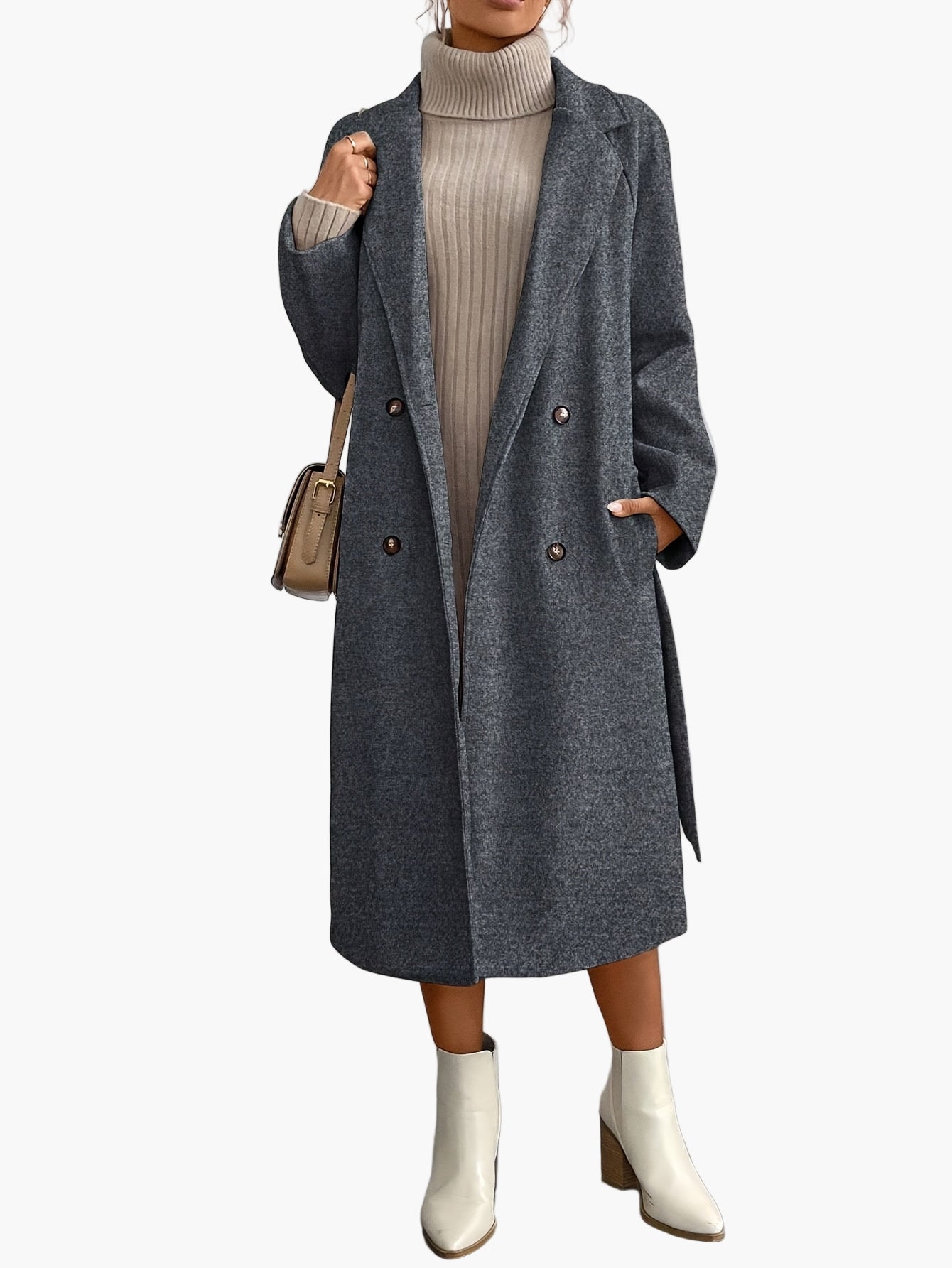 Damen Eleganter Wintermantel mit Gürtel – Langer Veganer Wollmantel für Büro und Alltag