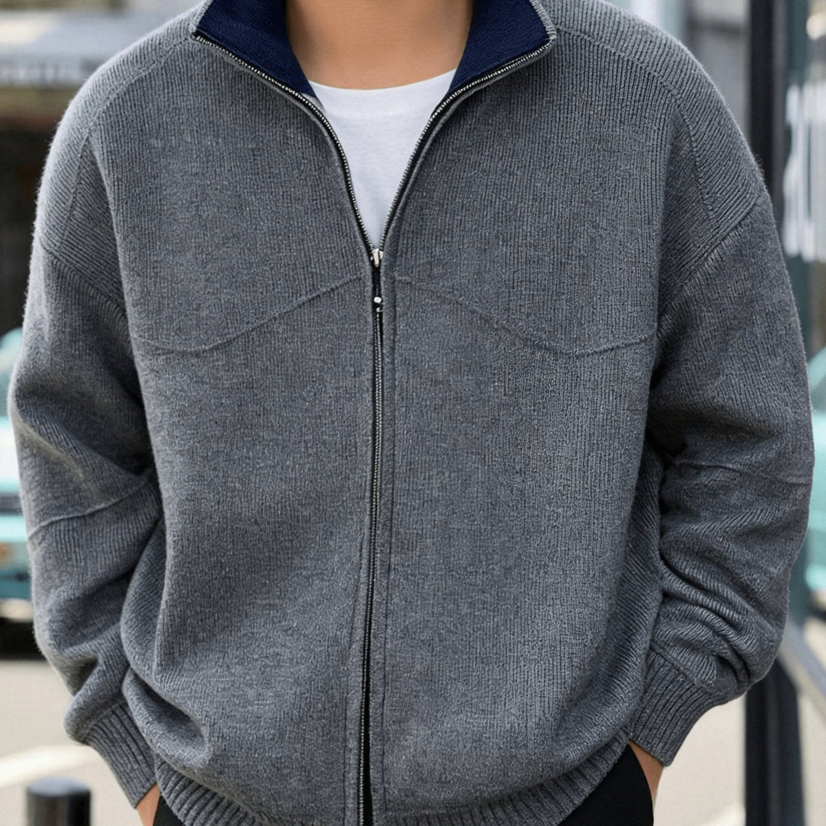 Herren Strickjacke Reißverschluss Stehkragen Rippbündchen Dunkelgrau