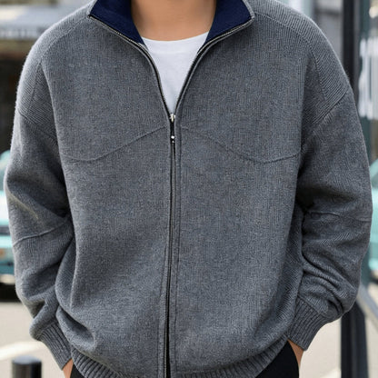 Herren Strickjacke Reißverschluss Stehkragen Rippbündchen Dunkelgrau