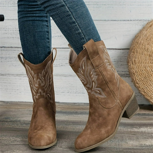 Damen Westernstiefel mit Stickerei und Blockabsatz in Wildlederoptik