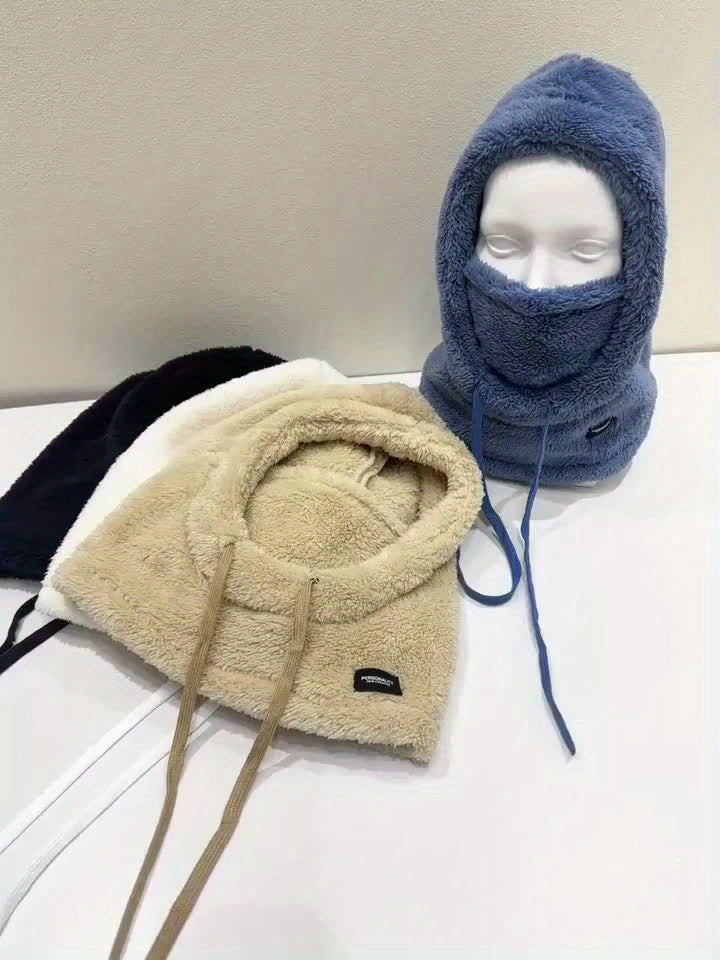 Fleece Kapuzen-Halstuch mit Gesichtsbedeckung und Kordelzug, Winter Schal Mütze Halswärmer Set