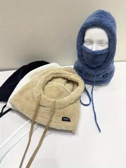 Fleece Kapuzen-Halstuch mit Gesichtsbedeckung und Kordelzug, Winter Schal Mütze Halswärmer Set