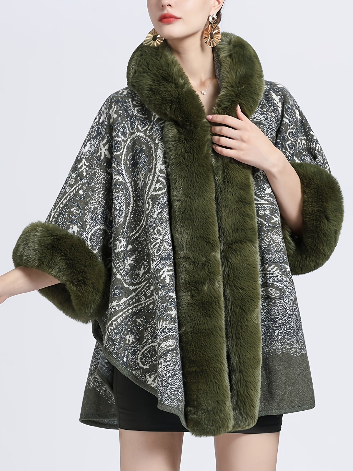 Damen Cape mit Kapuze und Kunstpelzbesatz - Musterbedruckt, Mehrfarbig