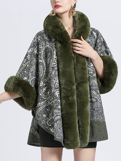 Damen Cape mit Kapuze und Kunstpelzbesatz - Musterbedruckt, Mehrfarbig
