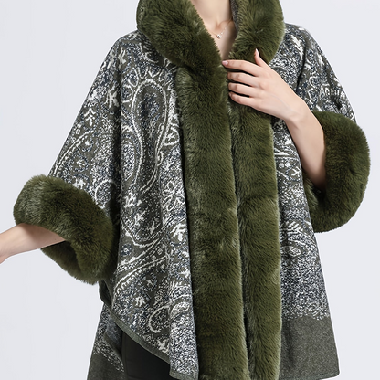 Damen Cape mit Kapuze und Kunstpelzbesatz - Musterbedruckt, Mehrfarbig
