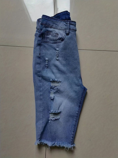 Damen Bermuda Jeans Shorts im Used-Look mit Fransen und Rissen – Lässige Sommermode