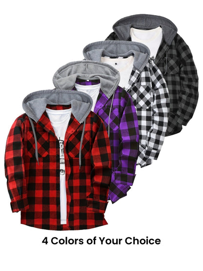 Unisex Kariertes Hemdjacke mit Kapuze Button-Down Langarm Freizeithemd