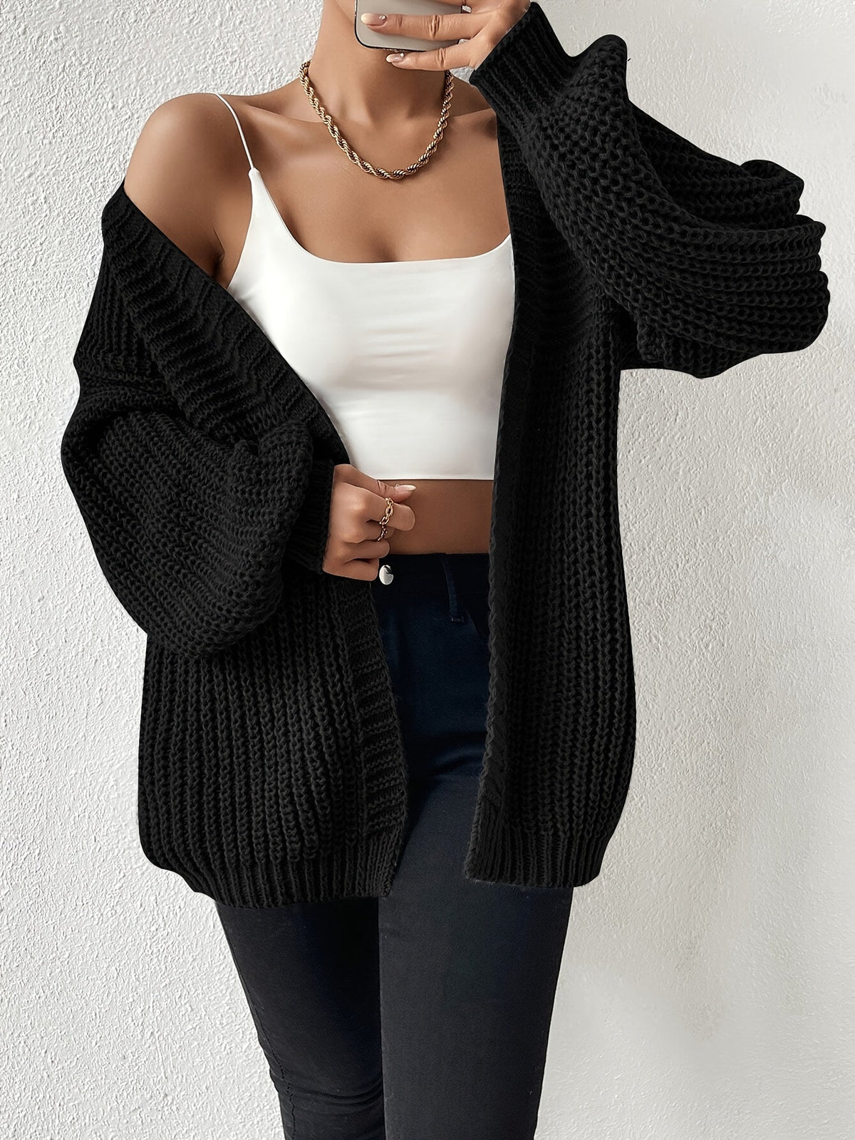 Damen Strickjacke Schwarz Offen Grobstrick Weitärmlig