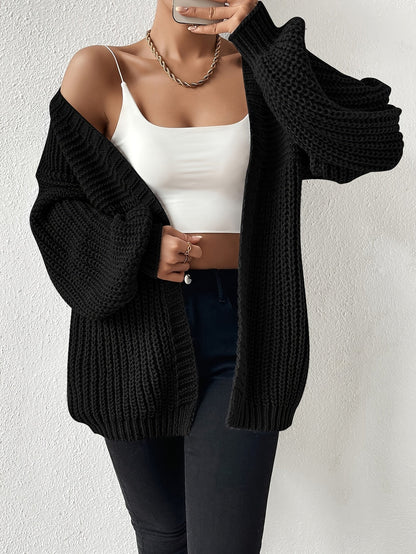 Damen Strickjacke Schwarz Offen Grobstrick Weitärmlig