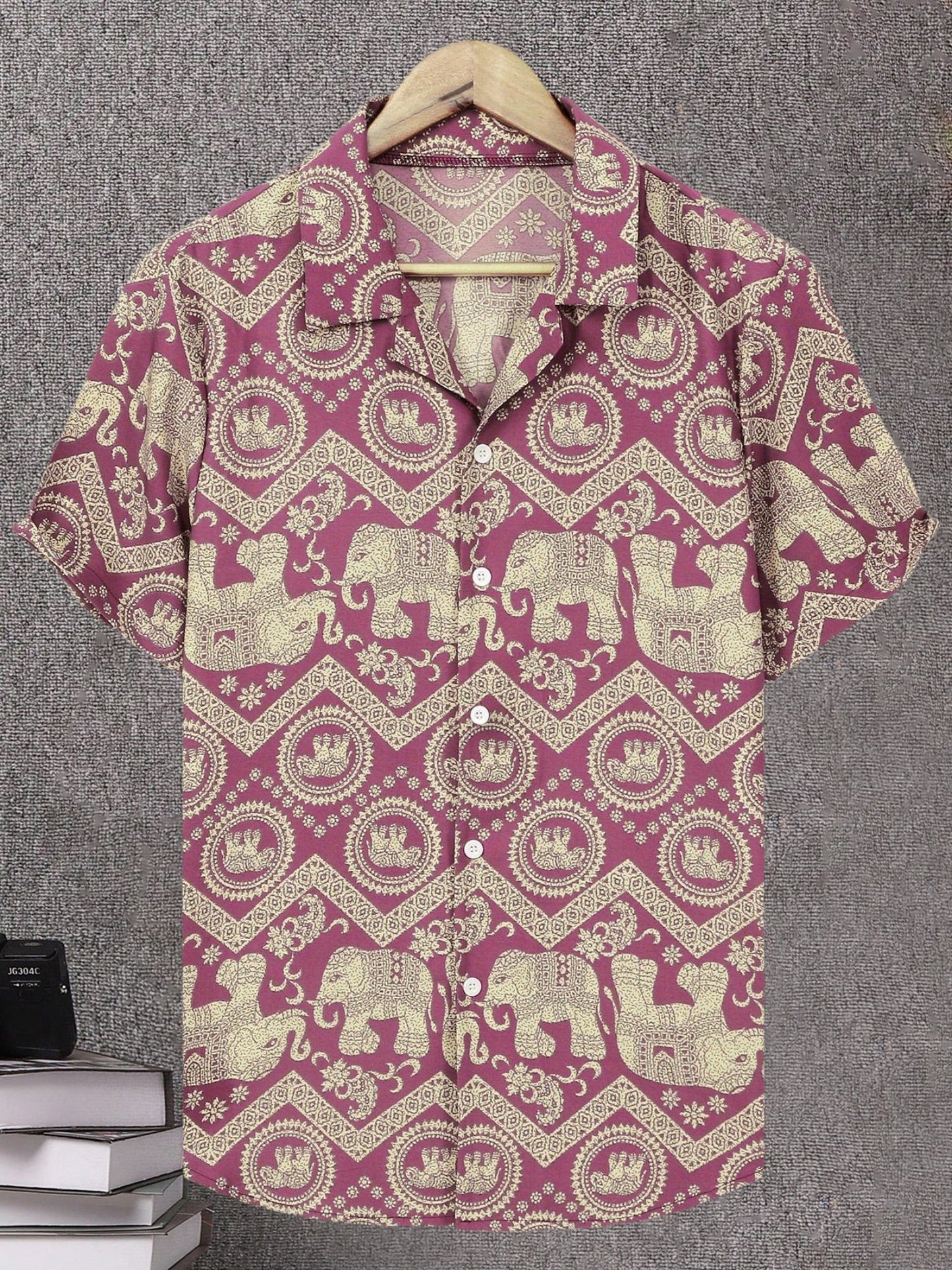 Herren Resorthemd mit Elefanten- und Mandala-Muster, Kurzarm, Boho-Stil für Freizeit und Urlaub