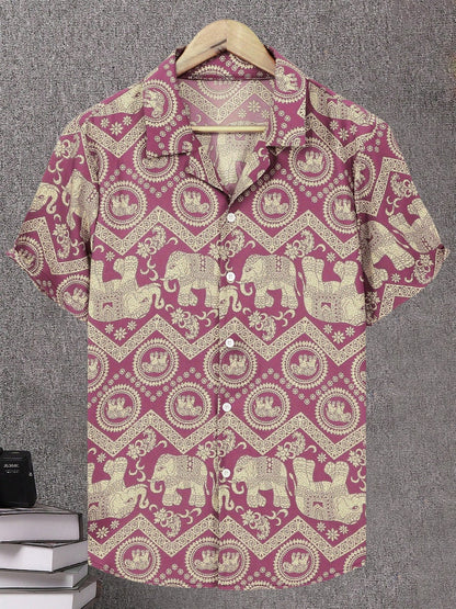 Herren Resorthemd mit Elefanten- und Mandala-Muster, Kurzarm, Boho-Stil für Freizeit und Urlaub
