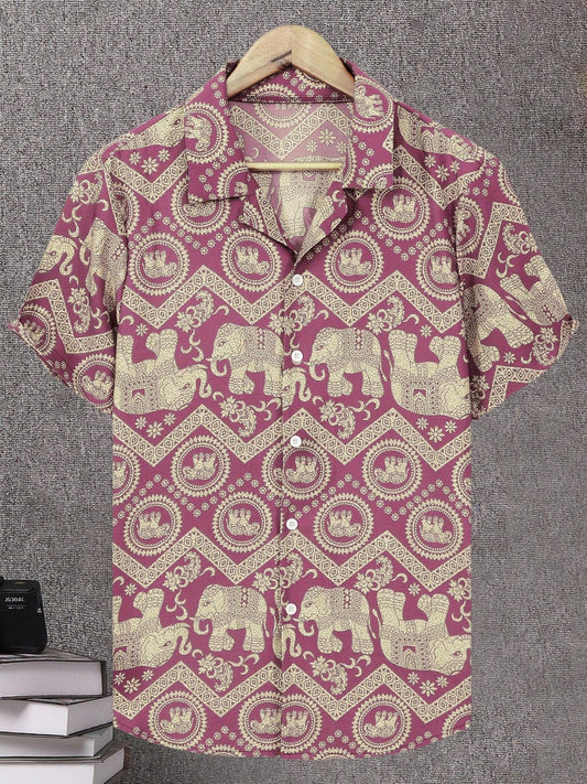 Herren Resorthemd mit Elefanten- und Mandala-Muster, Kurzarm, Boho-Stil für Freizeit und Urlaub