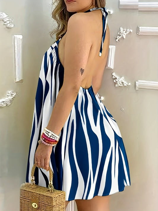 Damen Mini-Kleid mit abstraktem Print und offenem Rücken – Sommerliches Freizeitkleid mit Halterneck
