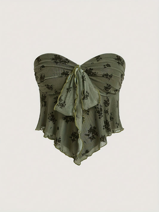 Damen Bandeau Top mit Schleifen-Detail und Blumenmuster – Elegantes Bustier für besondere Anlässe