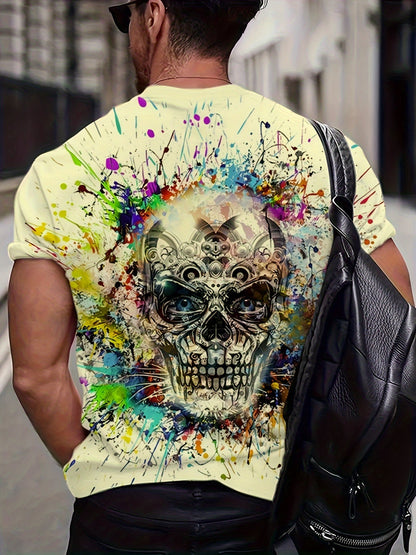 Herren T-Shirt mit Totenkopf und Farbklecks Design – Urban Streetwear, Kurzarm, Plus Size