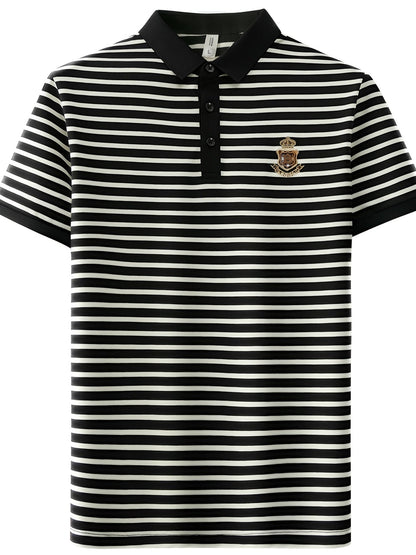 Herren Polohemd mit Streifen und gesticktem Wappen – Klassischer Freizeit- und Business-Look