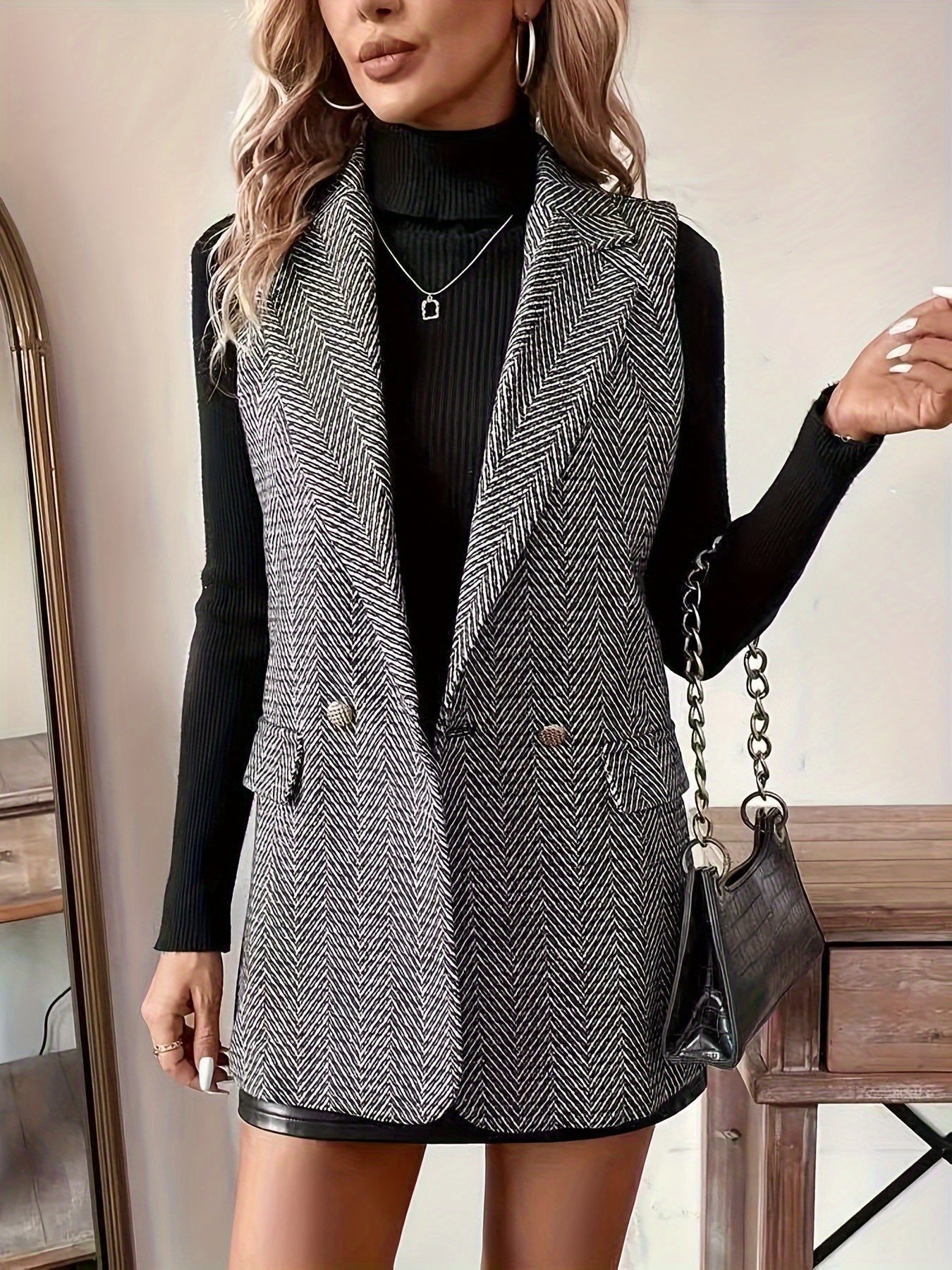 Damen Weste Fischgrätmuster Lang Elegant Ärmellos Grau Weiß