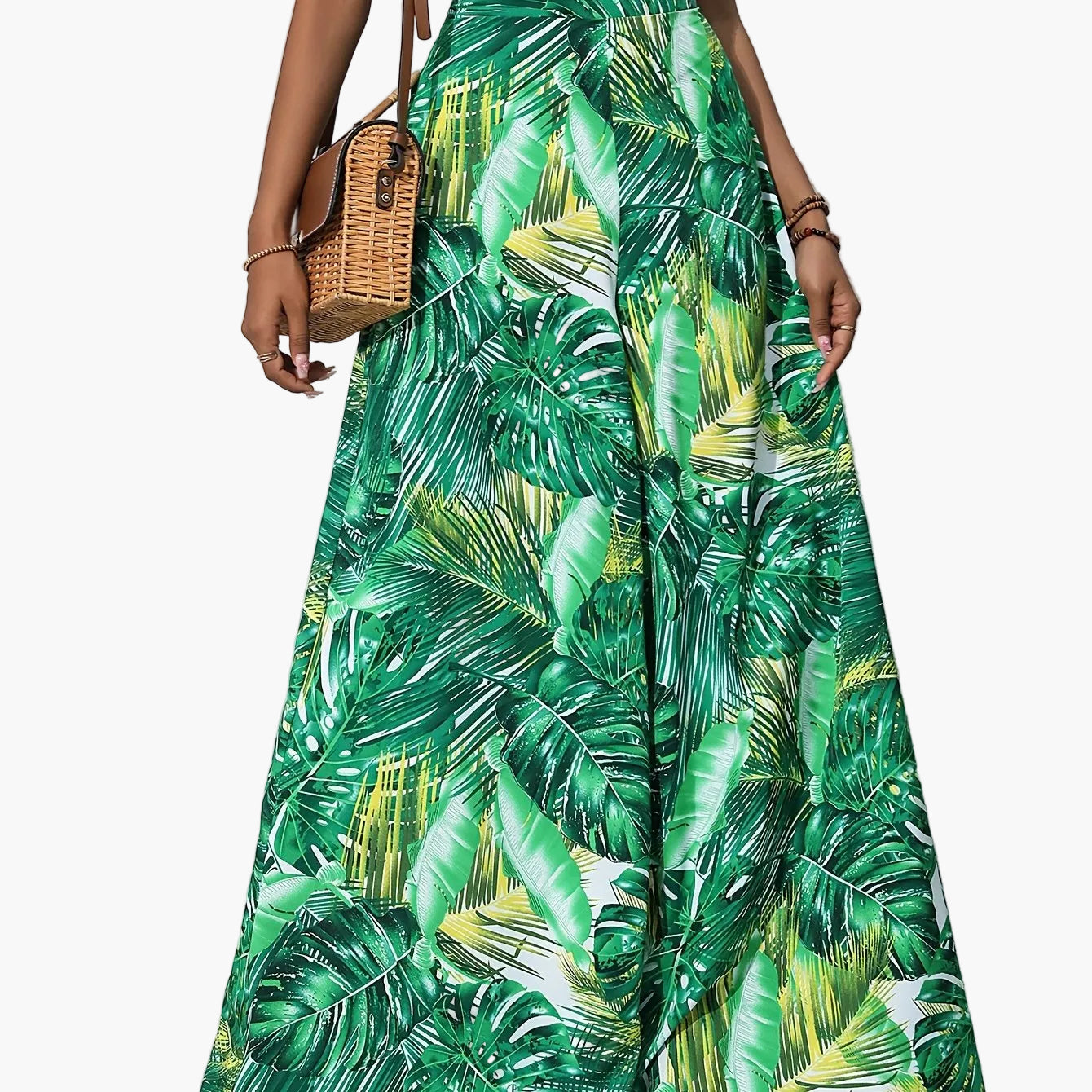 Damen Sommer Palazzo-Hose mit weitem Bein und tropischem Blätterprint – Perfekt für Strand und Freizeit