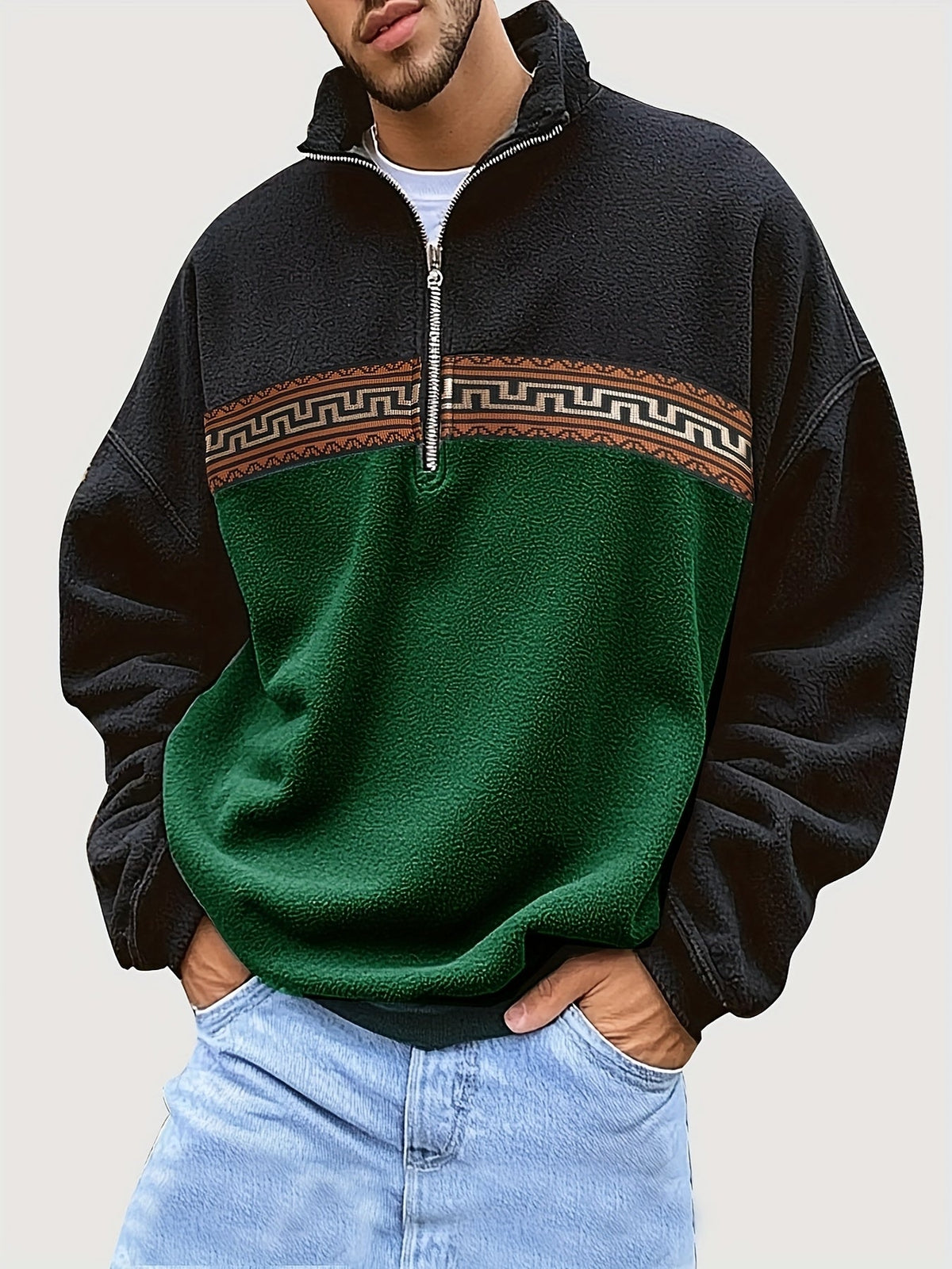 Herren Fleece-Pullover mit Reißverschluss, Stehkragen und Aztekenmuster