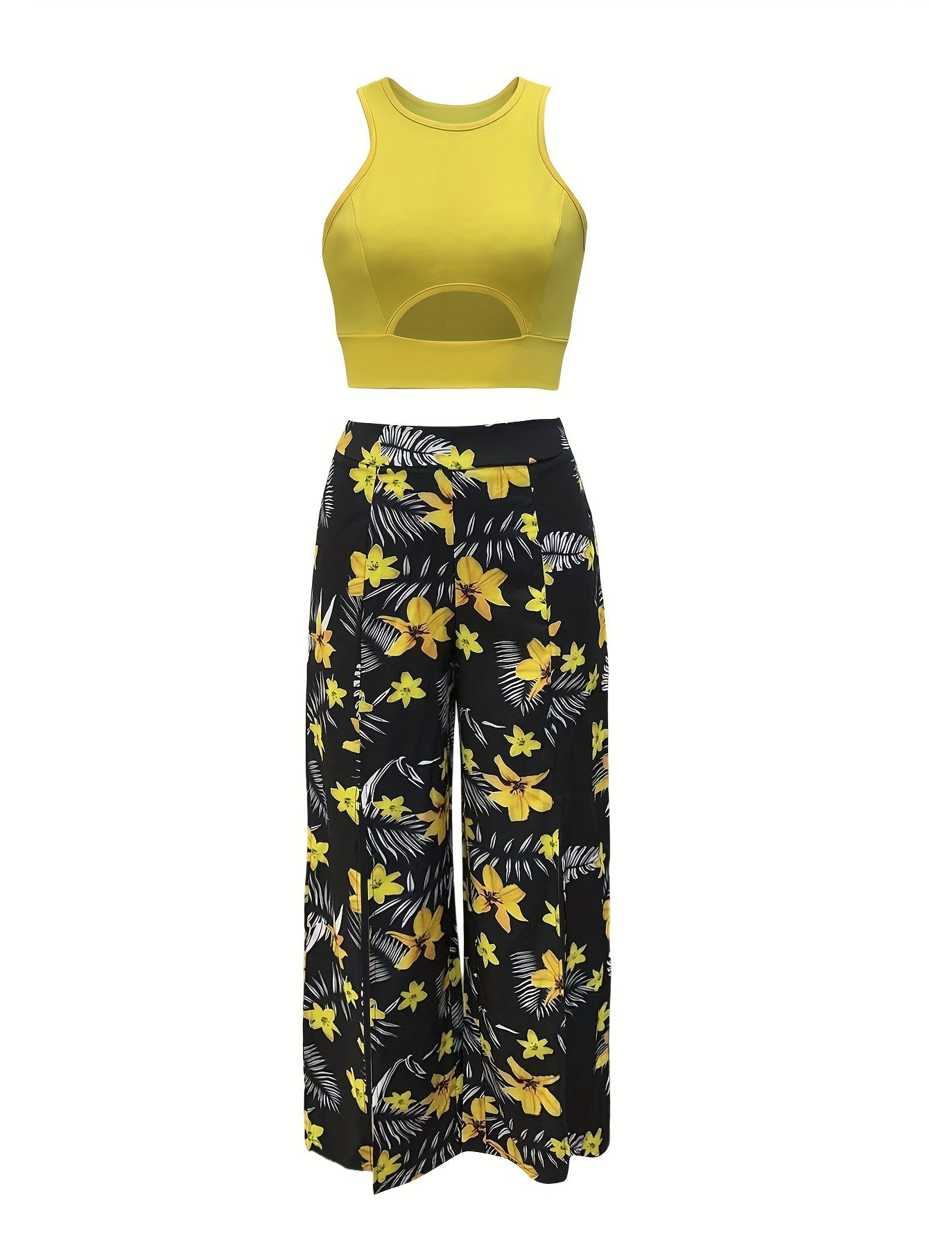 Damen Maxirock mit tropischem Blätterprint und Cut-Out Top – Eleganter Sommer-Look für Freizeit & Urlaub