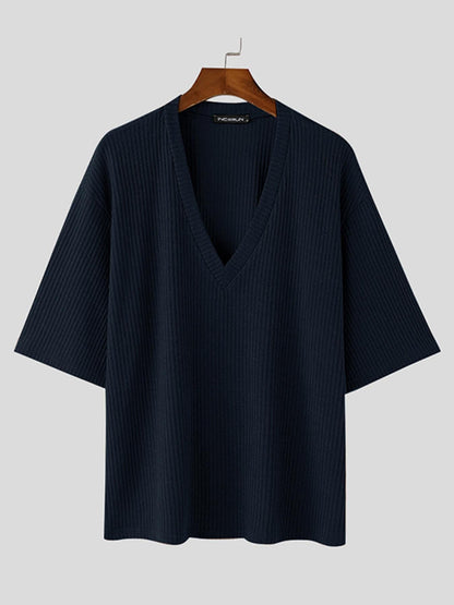Herren Strickpullover V-Ausschnitt Kurzarm Rippstrick Lässig