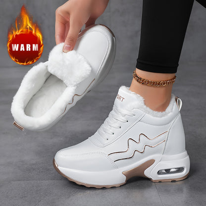Damen Warme Plateau Sneaker Weiß mit Futter und Goldakzenten