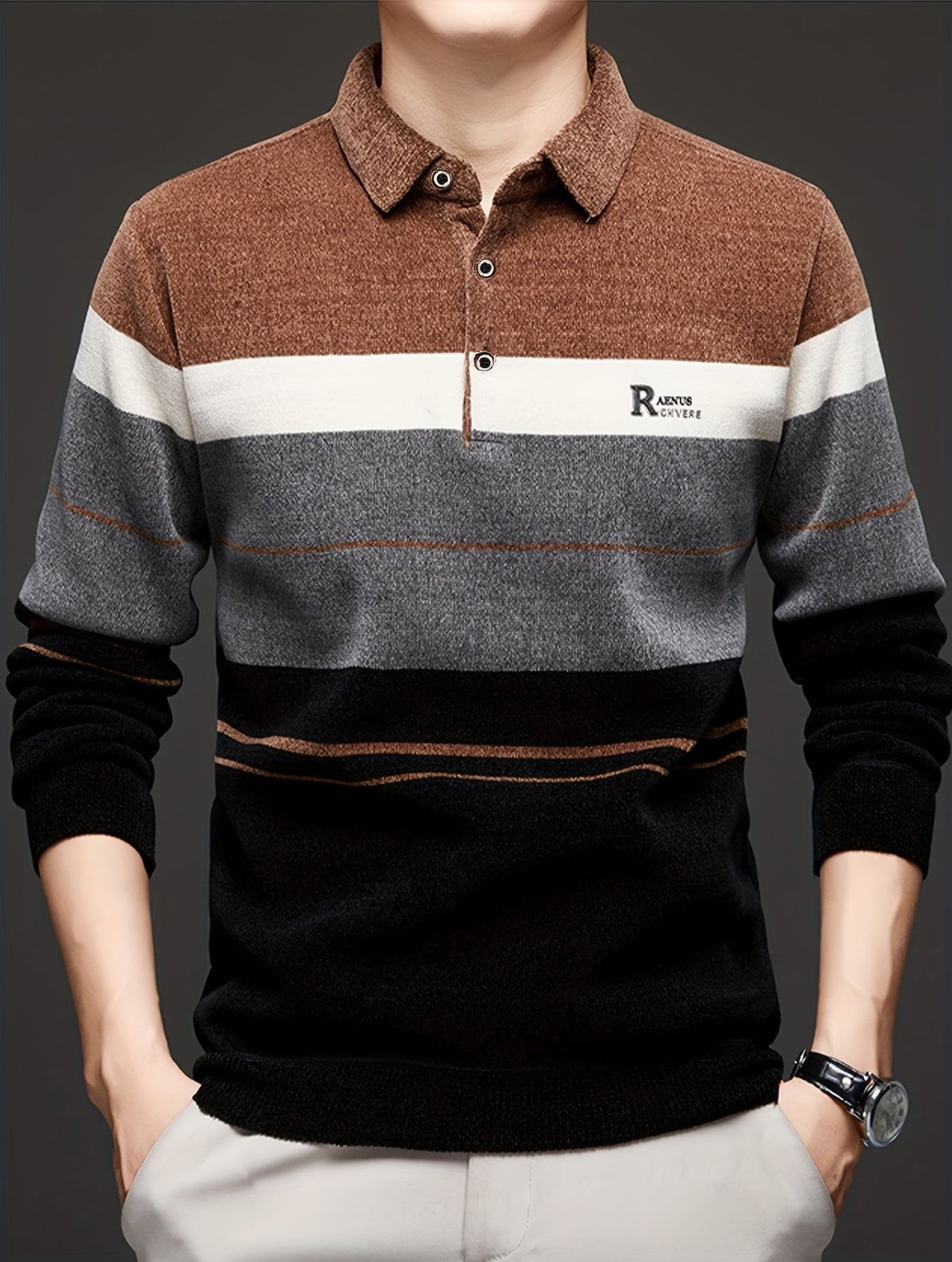 Herren Winter Polo-Pullover mit Kragen, gestreiftes Design und warmem Innenfutter